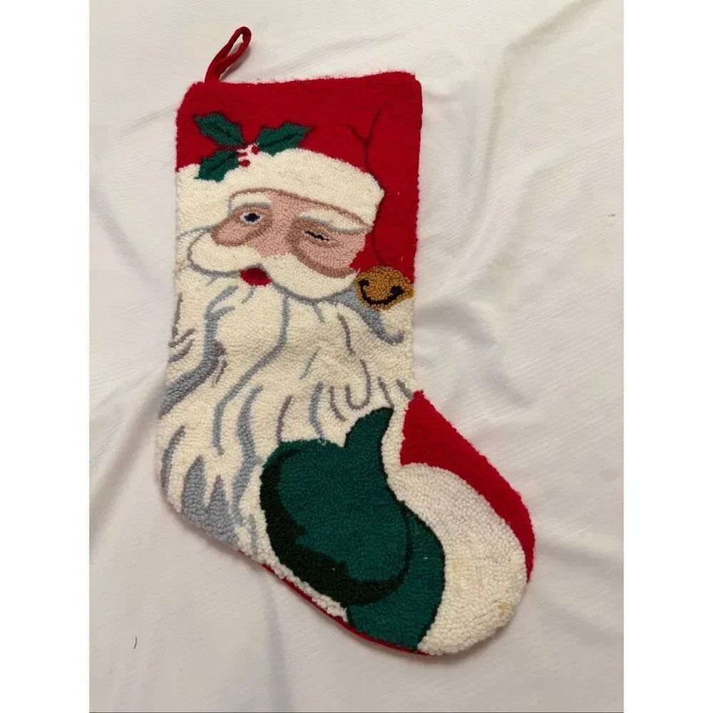 Christmas Stocking 20" Hooked Rug Front Santa Claus Red Backing St. Nicholas